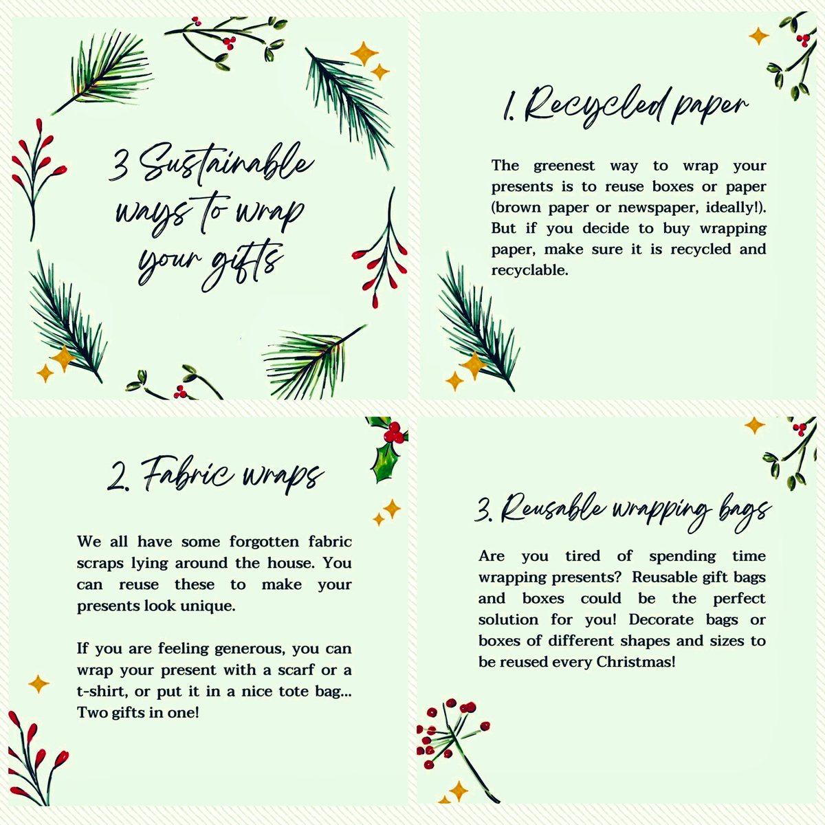 Have you ever wondered what sustainable alternatives exist for wrapping your Christmas presents? Here are 3 simple ways to be kinder to the environment this holiday season! 🎁🎅🏼🎄
#SustainableWrapping #EcoAlternatives
#PlasticFree #GreenChristmas