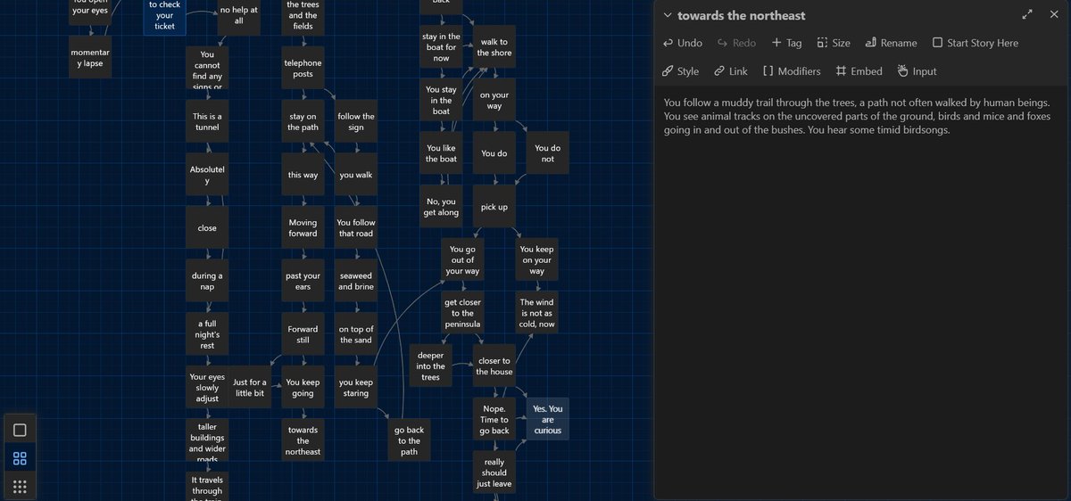 I used Inklewriter to build out the map of the adventure, and now I'm using Twine to export it. It's been interesting to learn how to use those tools, even though I'm not using half of their functions. I think sticking to paper and pencil would have taken at least one more month. 