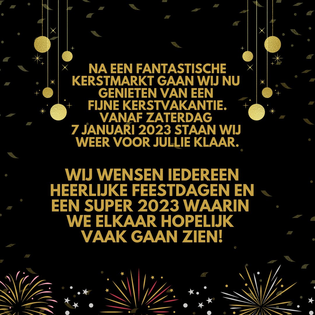 Wat een heerlijk jaar vol met topactiviteiten hebben wij gehad. Iedereen die daar op welke wijze dan ook aan heeft meegewerkt: Bedankt!🤗 Wij gaan er in alle rust van nagenieten en hebben vanaf nu kerstvakantie🎅🏻 Zaterdag 7 januari 2023 staan we weer voor jullie klaar. Tot dan!🎉
