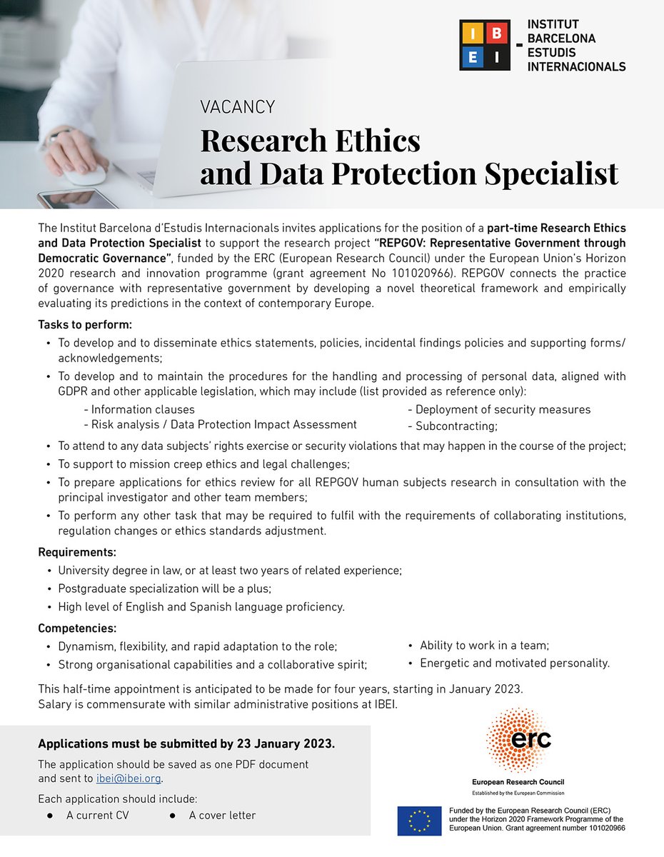 📣VACANCY: Part-time #ResearchEthics &amp; #DataProtection Specialist to support the research project Representative Government Through Democratic Governance (<a href="/repgovEU/">REPGOV project</a>), funded by <a href="/ERC_Research/">European Research Council (ERC)</a>.

Interested? Don't forget to apply by January 23, 2023.
🔎Info: t.ly/ciu2