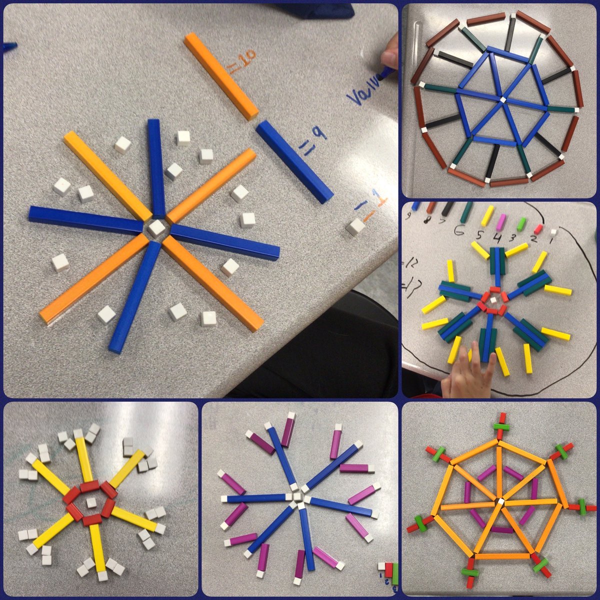 Creating our own unique snowflakes with Cuisenaire rods! What is the value of each snowflake? #whfelementary #eipsteaches