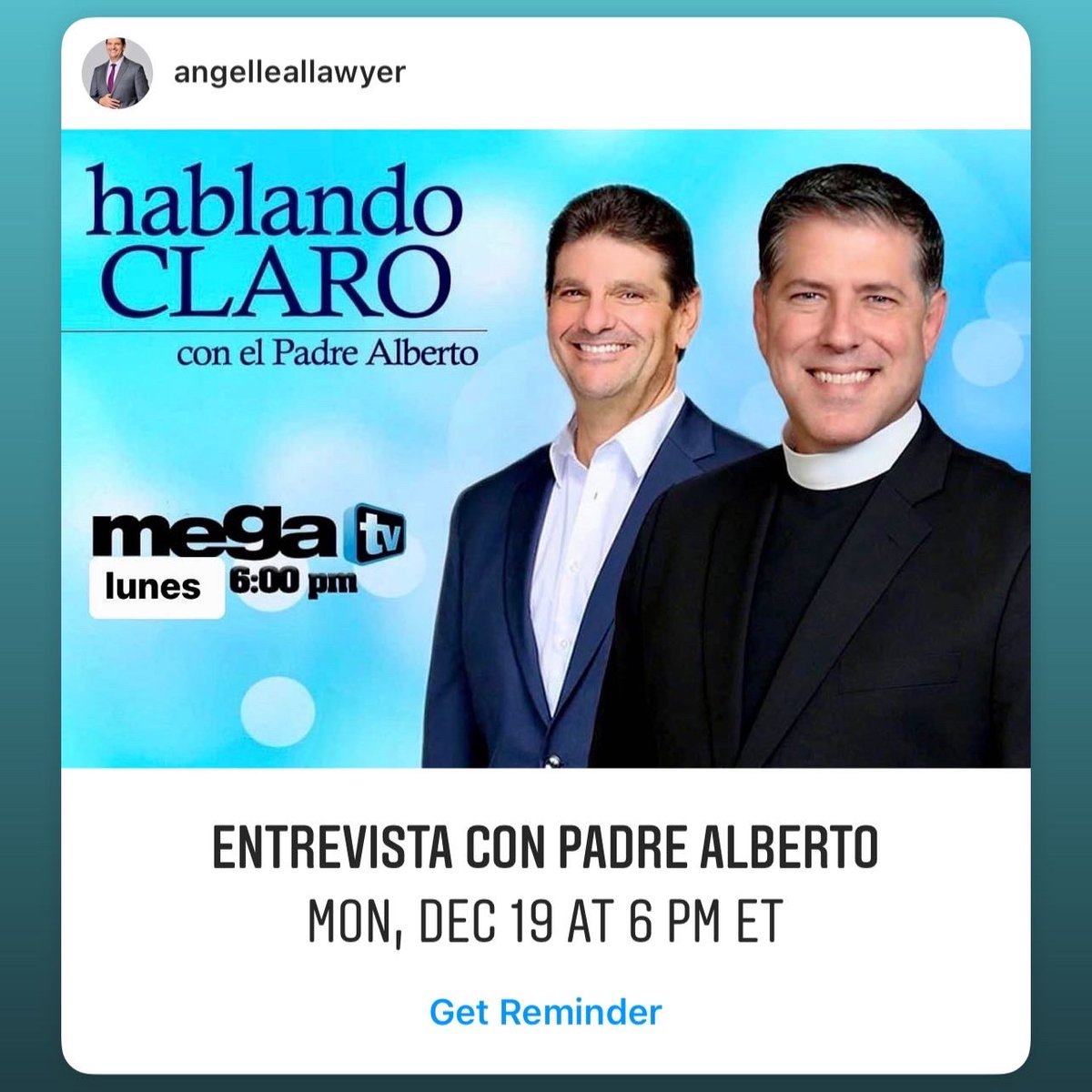 Les espero hoy lunes #19diciembre @angelleallawyer con mi querido Padre Alberto <a href="/padrealberto/">-</a>  A LAS 6:00PM por Mega TV @megatvlive en “Hablando Claro con el Padre Alberto” @claropadre  en una transmisión especial navideña sobre lo que verdaderamente es importante en la vida.