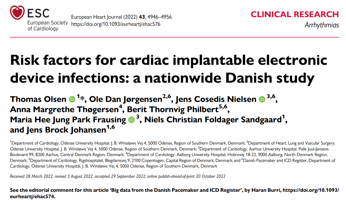 CardResearchOuh's tweet photo. Just published in the new issue of European Heart Journal, @ehj_ed:

📍Risk factors for cardiac implantable electronic device infections: a nationwide Danish study 

By T. Olsen et al. - @CardResearchOuh @AUHCardio @RigsHeart 

Read more ⬇️:
https://t.co/VRBaqgZ0R1 https://t.co/kxU9zh8Rjg