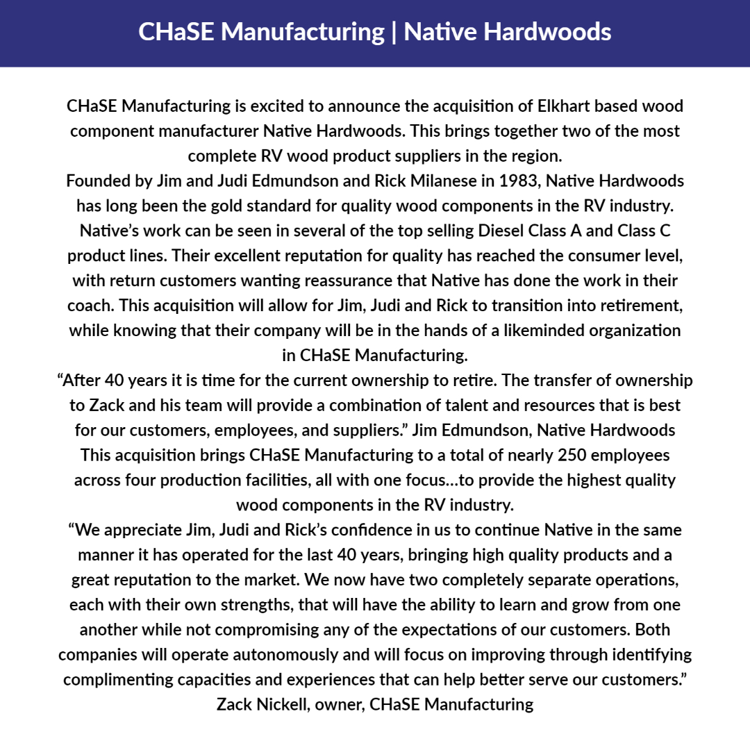 CHaSE Manufacturing is excited to announce the acquisition of Elkhart based wood component manufacturer Native Hardwoods.

#woodworking #manufacturing #supplier