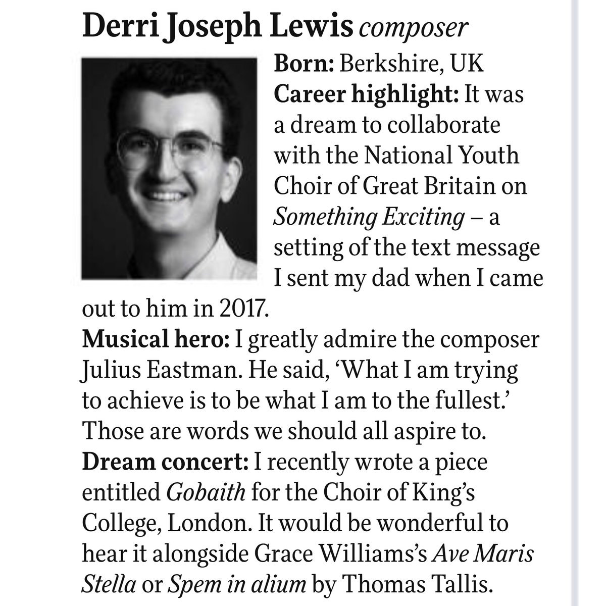 derri_lewis's tweet photo. Buzzing to be featured in this month's BBC @MusicMagazine as a 💫 RISING STAR 💫
Special shoutout to @nycgb /@nmcrecordings and @CowbridgeMusic / @ChoirKCL ❤️❤️❤️ https://t.co/9Rr4C7hlBO