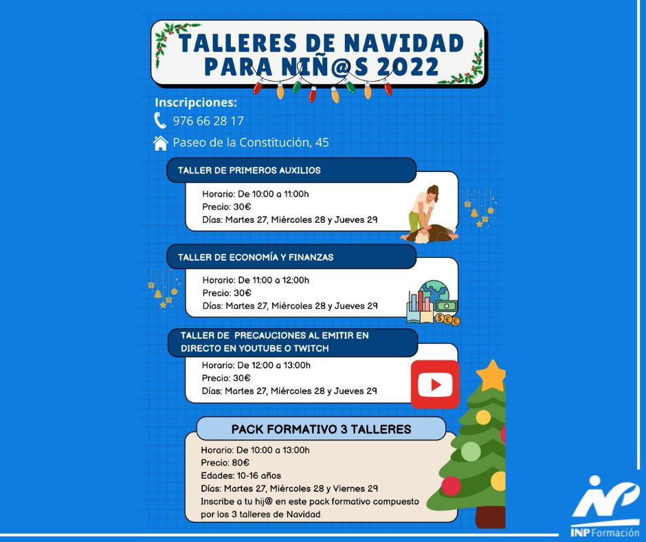 Inp_Formacion's tweet photo. ¡¡Buenas tardes!!
¡Todavía quedan plazas disponibles! ¡Inscribe a tu hij@ esta navidad!
Os informamos sobre nuestras novedades para esta navidad 2022. 
#formacion2022 #navidad2022 #tallerescreativos #talleresformativos #inpformacion https://t.co/0zl6H5RNv5