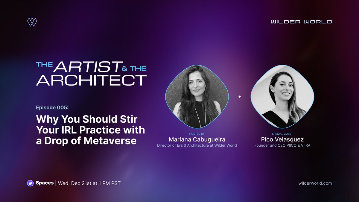 Do you mix your IRL practice with a drop of Metaverse?💧

Come share your thoughts on how you incorporate the Metaverse into your everyday life with <a href="/MarianaCabugu/">Mariana Cabugueira</a> &amp; <a href="/PicoVelasquez/">Pico Velasquez</a> this Wednesday, Dec 21st at 1pm PST on The Artist &amp; The Architect 🌆

🎙️x.com/i/spaces/1yNGa…