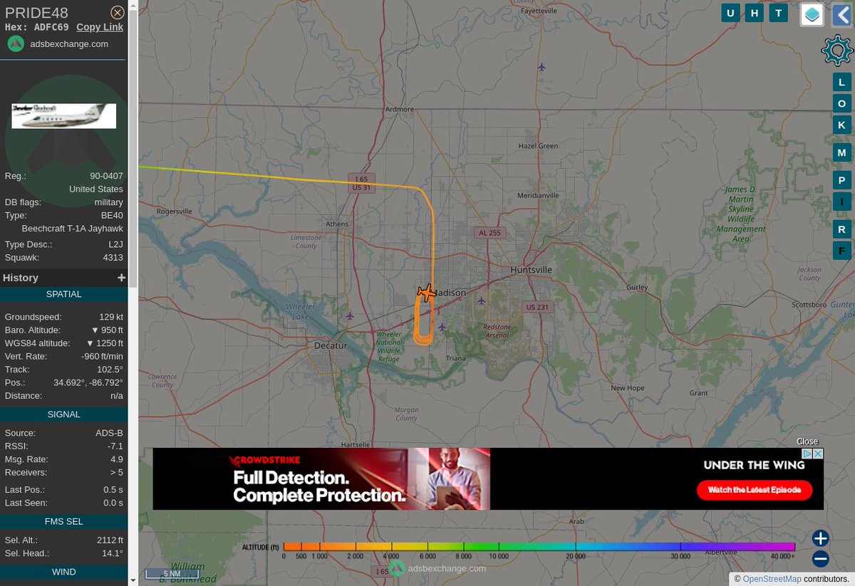 Radar_Assistant's tweet image. MULTI ADSBX CIRCLING ALERT : At time Mon Dec 19 17:01:57 2022 #PRIDE48  was likely to be circling at FL14 7nm from HUA Redstone_NDB_US
 near Huntsville, Limestone County, Alabama, United Stat #AvGeek #ADSB globe.adsbexchange.com/?icao=ADFC69&amp;amp;z…