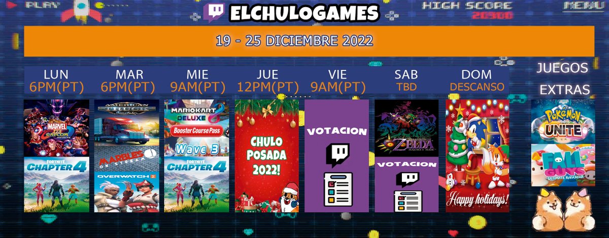 ElChuloGames's tweet photo. Horario de la semana!
Lunes estrenando #MarvelVsCapcom4 con #FortniteChapter4, Martes de traficar gansitos, funación y corajes en #Overwatch2, Miércoles de retas en #MarioKart8Deluxe y #Fortnite, Jueves de Chulo Posada!, Viernes de votación, cerrando el Sábado con Majoras Mask! https://t.co/WMLcIvOWpp
