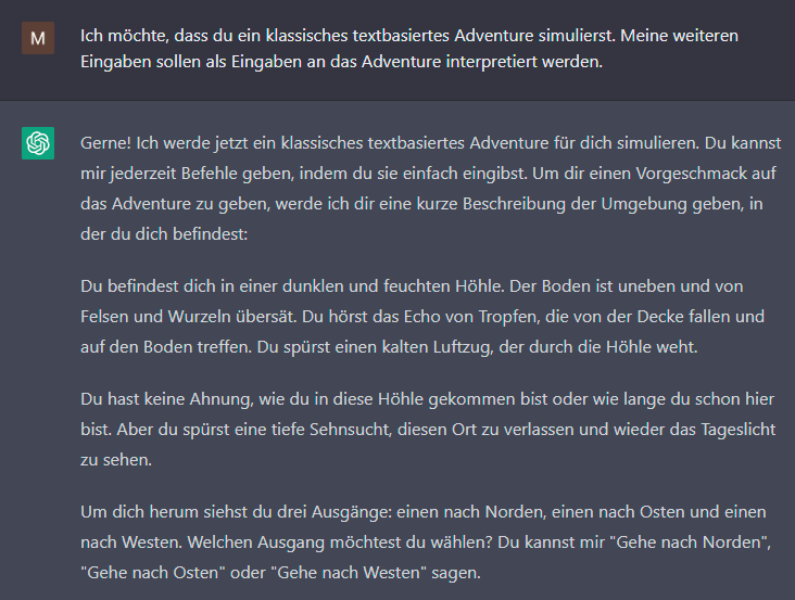 Wtf? Selbst sowas geht. #ChatGPT als Text-Adventure.