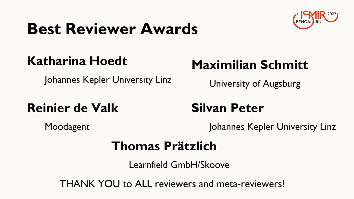 ISMIRConf's tweet photo. ISMIR Awards! This year's Best Reviewer Awards are for: Katharina Hoedt, @valktalk, Maximilian Schmit, Reinier de VAlk, Silvan Peter, and Thomas Pratzlich. Thank you to all our reviewers and meta-reviewers! https://t.co/iRJlomfUR2