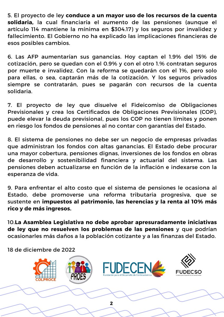 PROESSV's tweet photo. 🚨📢#PronunciamientoConjunto #COLPROCE #FUDECEN #FUDECSO #PROES El sistema de pensiones debe dejar de ser negocio de las AFP y recuperar su carácter de derecho humano. Exigimos no aprobar apresuradamente iniciativas de ley que no resuelven los problemas del Sistema de Pensiones. https://t.co/kzd4FCpGnS