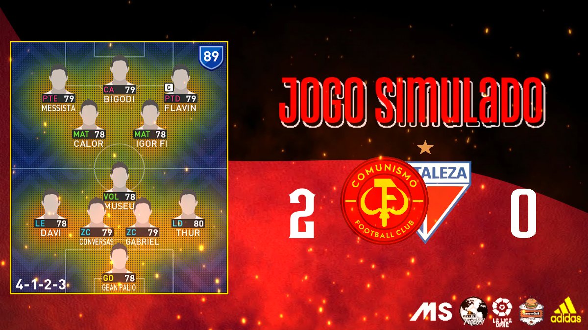 Jogo Simulado! - Comunismo FC 2 × 0 Fortaleza 

Competição: Campeonato Brasileiro Série A - 3ª Rodada 

Gols: <a href="/museu_sccp/">Museu de memes do Corinthians</a> 1x, @Flavinnkkkk 1x.

Assistências: <a href="/museu_sccp/">Museu de memes do Corinthians</a> 1x.