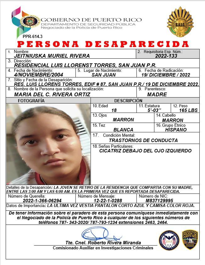 Moluskein's tweet photo. POLICÍA ACTIVA ALERTA ASHANTI  

Se busca a Jeitniuska Muriel Rivera de 18 años.

Fue vista por última vez en el Residencial Luis Llorens Torres.

Si tiene información, comuníquese al 787-343-2020, 9-1-1 o al cuartel más cercano. https://t.co/Z93d87fN4d
