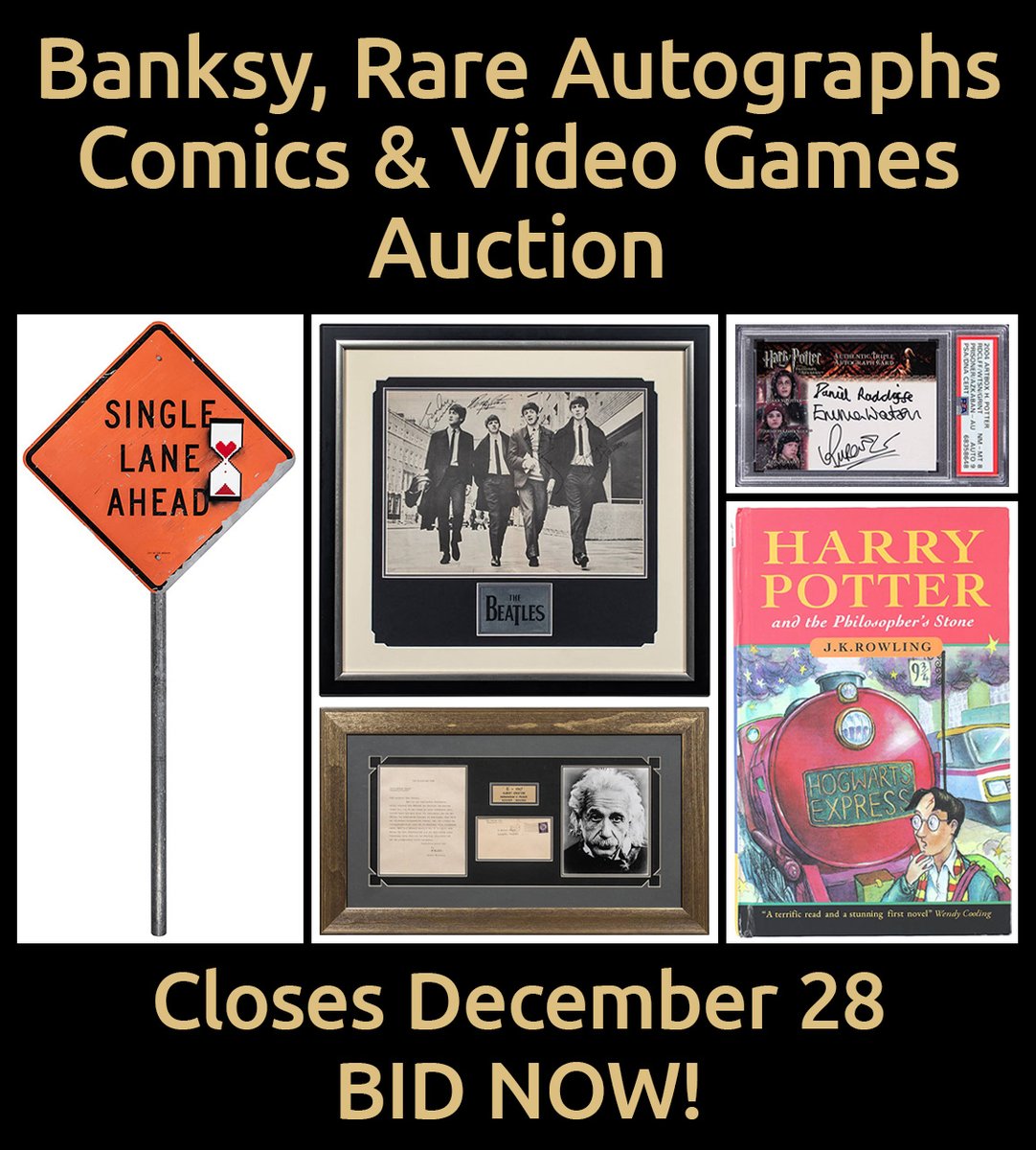AutographMag's tweet image. Goldin's Banksy, Rare Autographs, Comics &amp;amp; Video Games Auction is LIVE! Beatles, Apollo 11, Disney, Spiderman, JFK, Marilyn, Elvis, Hendrix, Bruce Lee, Harry Potter—over 1,700 more! - mailchi.mp/autographmagaz…