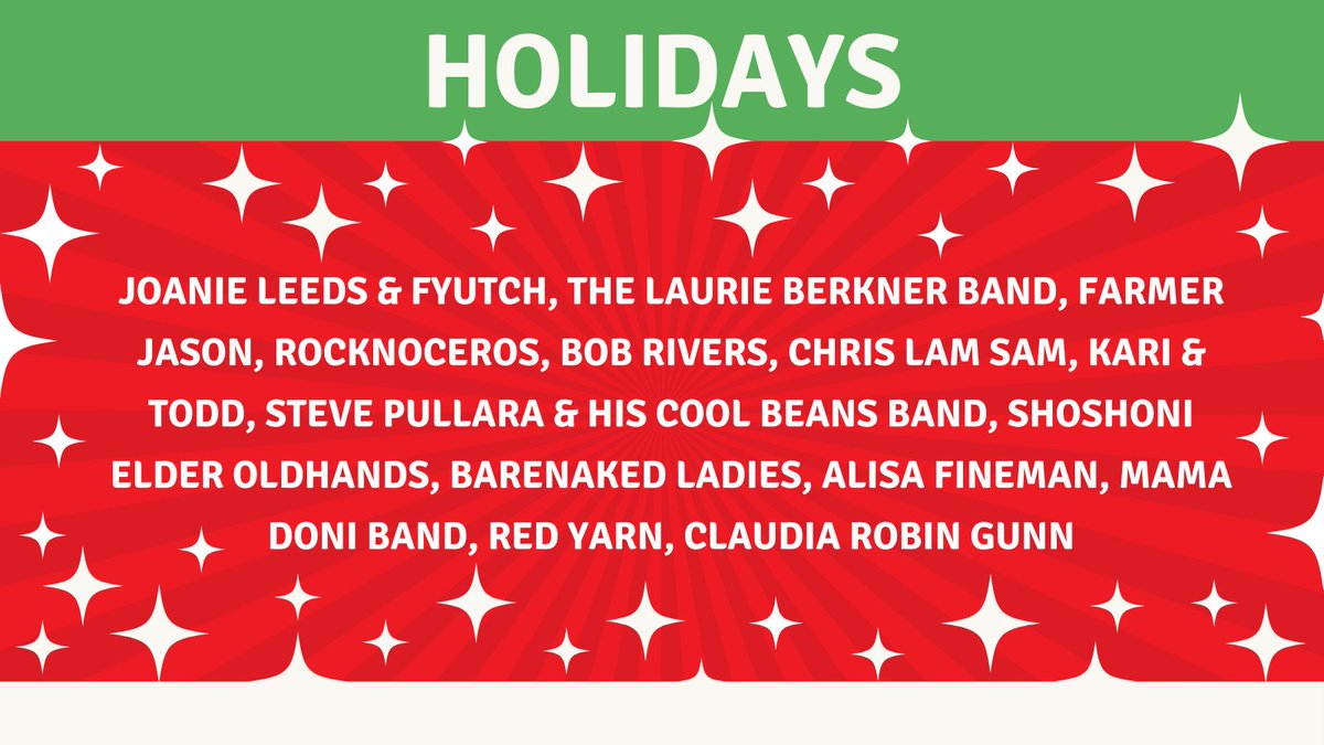 We're celebrating the holidays this week with @joanieleeds and @FYUTCH, @LaurieBerkner, @Rocknoceros, @BobRiversShow, @chrislamsam, @coolbeansmusic, @barenakedladies, @mamadoni, @redyarnpdx, @littlewildmusic, and more. #TheChildrensHour #ChildrensPodcast #KidsPublicRadio
