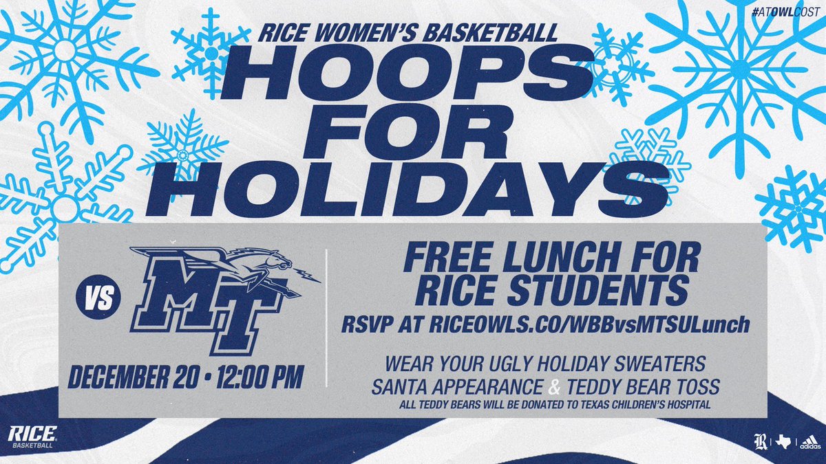 WHO’S IN H-TOWN FOR THE BREAK??? Come watch your UNDEFEATED women’s basketball play tomorrow at 12. Rice students get FREE LUNCH