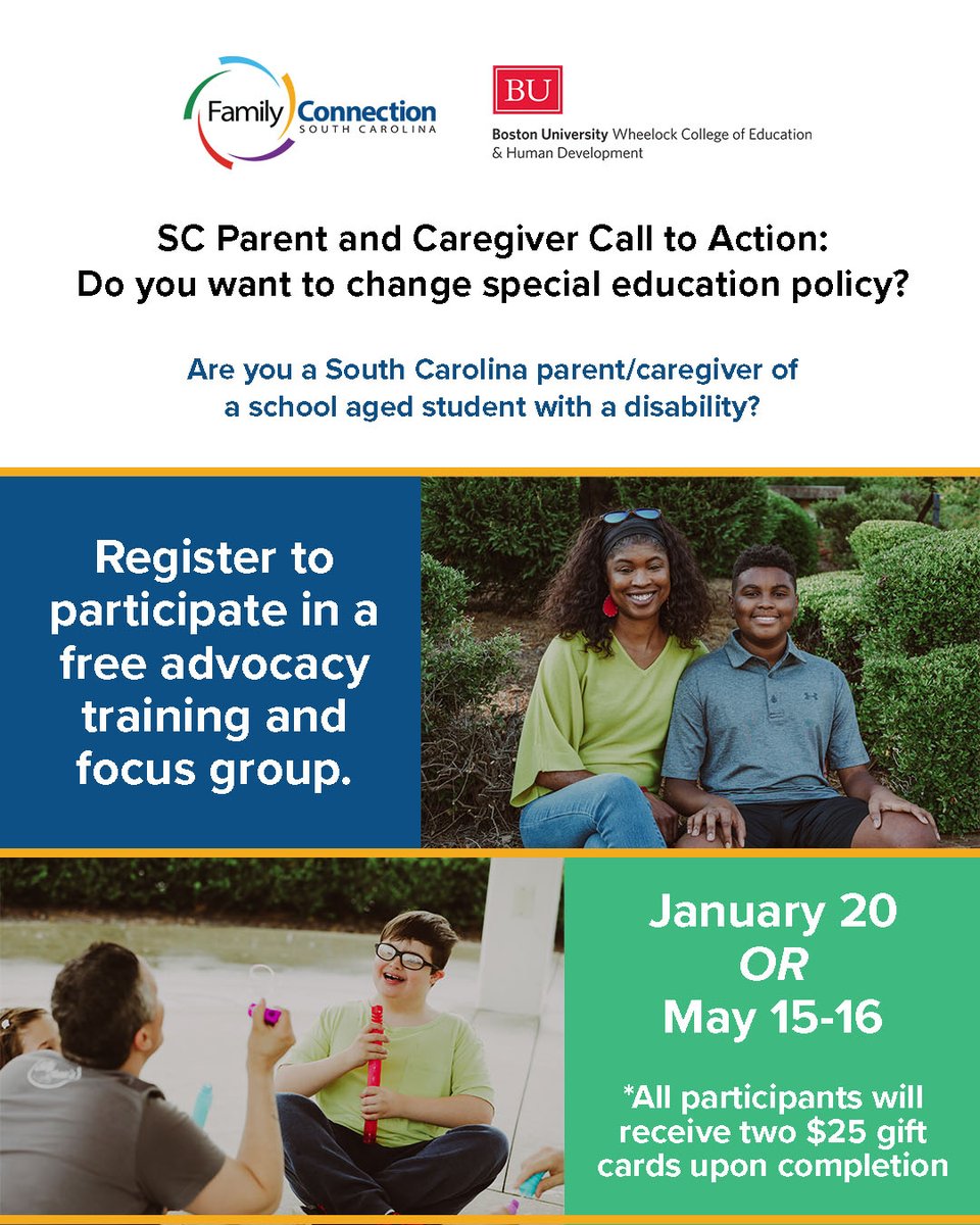 Are you an SC  parent/caregiver of a school aged student w a disability? Register to participate in a free, in-person-only advocacy training and focus group. Visit: eventbrite.com/e/project-civi…

All participants will receive two $25 gift cards! Questions? Contact us at 1-800-578-8750.