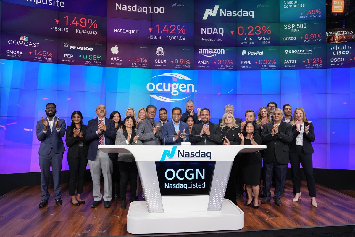 NasdaqExchange's tweet image. Join us in welcoming @Ocugen to the @NasdaqExchange Closing Bell. 🧬🛎

$OCGN is a biotechnology company focused on discovering, developing, and commercializing novel gene and cell therapies and vaccines. #NasdaqListed