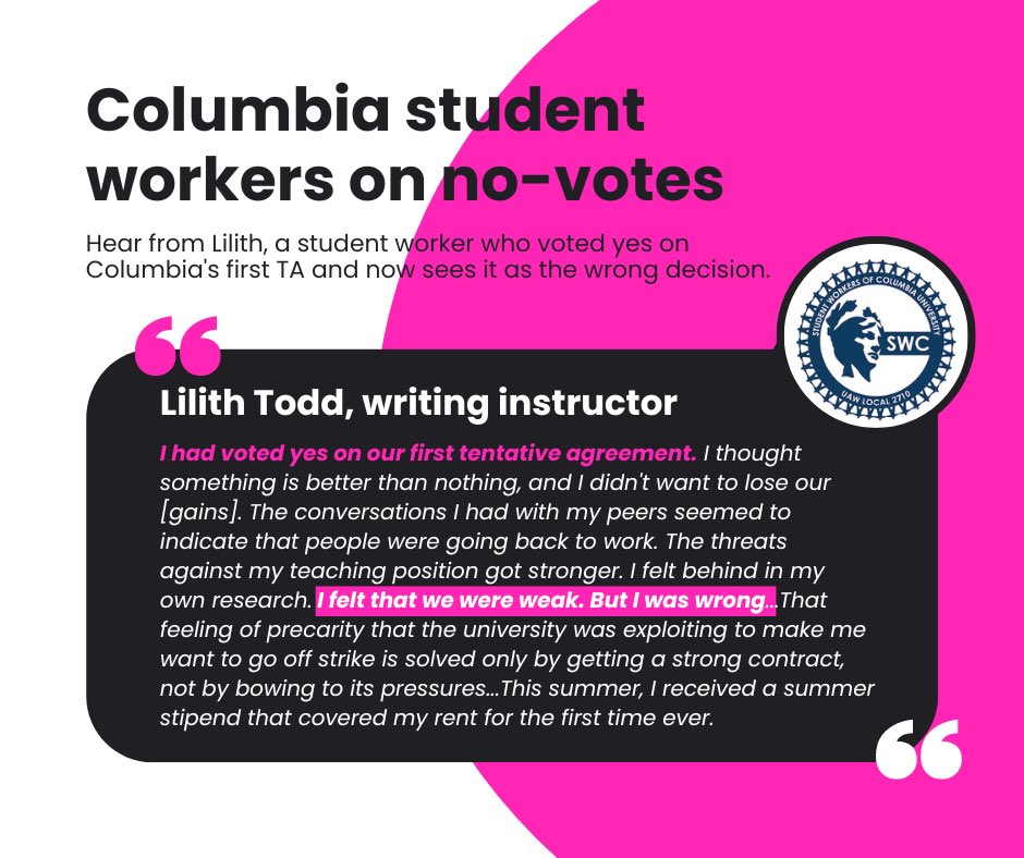 jjjjjjjjohannah's tweet photo. Only UC workers can weigh their options based on what you see on the ground. But very few at Columbia now regret our no-vote.

Here’s an example from Lilith. She *voted yes* on our first TA to preserve what we had won. She now sees it as the wrong choice. This is common here! https://t.co/rQSy7rhxa1