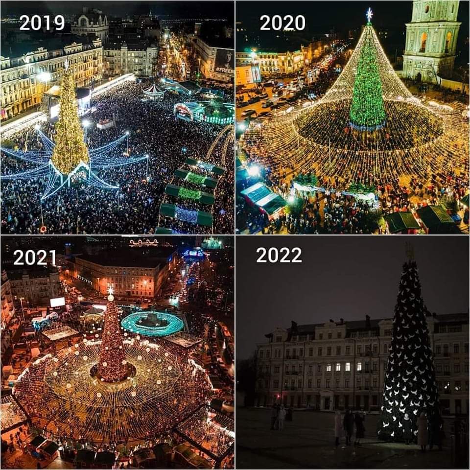 Christmas tree in Kyiv: 2019, 2020, 2021 and 2022. Every year, since 2014, when Christmas tree was installed for the first time on Saint Sofia square, it was getting more and more beautiful, as Ukraine was. Russia couldn't stand it. But Ukraine will survive, win and lit up again
