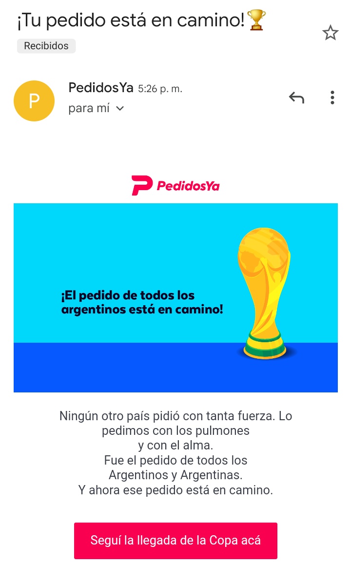 UrdanetaKev's tweet photo. Me llegó un correo de Pedidos Ya con el aviso de que viene la Copa del Mundo en camino. Entro a la app y aparece en tiempo real el recorrido del avión que traslada a la Selección Argentina. Genios del marketing. ⚽🇦🇷🏆🔝 https://t.co/PwE2bKo6eU