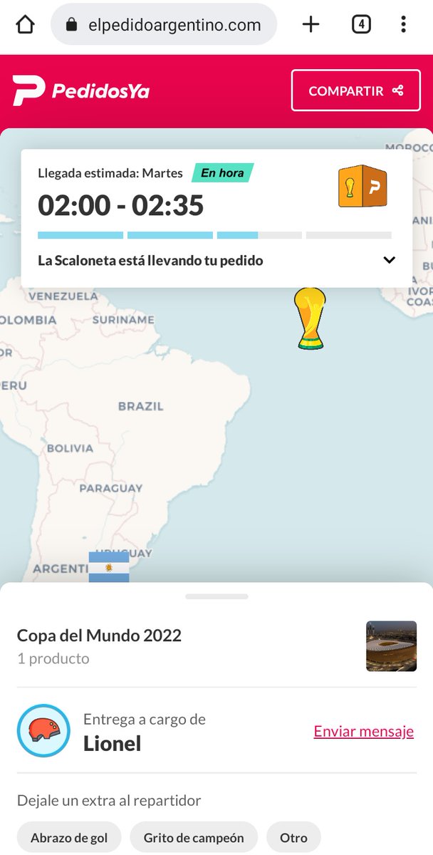 UrdanetaKev's tweet photo. Me llegó un correo de Pedidos Ya con el aviso de que viene la Copa del Mundo en camino. Entro a la app y aparece en tiempo real el recorrido del avión que traslada a la Selección Argentina. Genios del marketing. ⚽🇦🇷🏆🔝 https://t.co/PwE2bKo6eU
