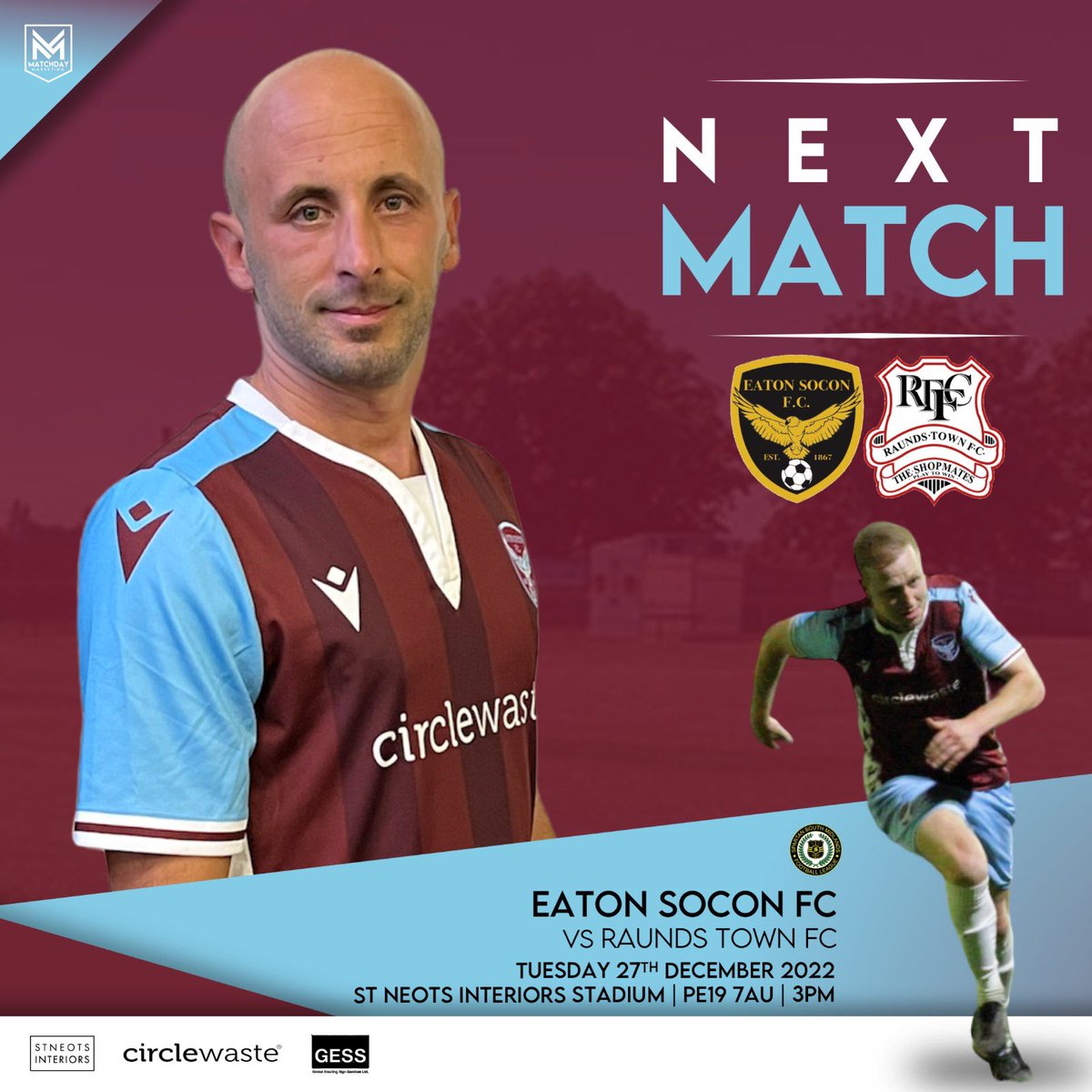 ***27th December 3pm KO***

The Eagles return to league action v <a href="/RaundsTown/">Raunds Town Football Club</a> at the St Neots Interiors Stadium! Bar will be open!! <a href="/squeezefootball/">Squeeze</a> <a href="/blackcatradio/">Black Cat Radio</a> <a href="/HuntsFA/">Huntingdonshire FA</a> <a href="/GroundhopperUK/">Football Grounds and Groundhopping</a> <a href="/GroundHoppersFC/">GroundHoppers FC</a> <a href="/CambsNonLeague/">Cambridgeshire Non-League News</a> @SSML2022 <a href="/SpartanSMFL/">Spartan South Midlands</a>