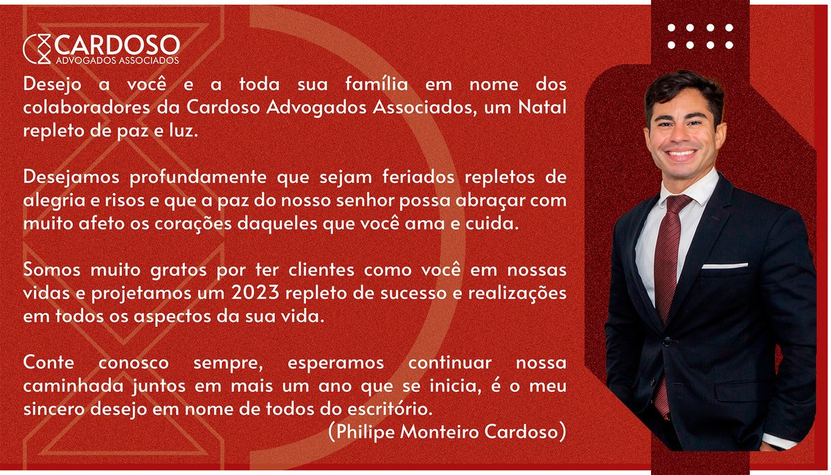 cardosoadv1's tweet photo. Desejamos a todos os amigos e clientes excelentes festas neste final de ano.

Que em 2023 possamos estar unidos, fortes e com a ajuda de Deus superar todas nossas adversidades. https://t.co/moZT4oqvjp