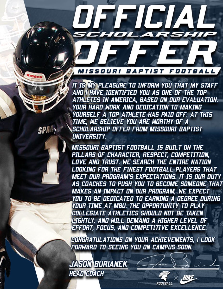 Blessed to receive an official offer from Missouri Baptist University! <a href="/MBUCoachB/">Jason Burianek</a> <a href="/CoachSchnabel/">Shawn Schnabel</a> <a href="/6starfootballMO/">Six Star Football | MISSOURI</a> <a href="/GSV_STL/">Gateway Sports Venue</a>