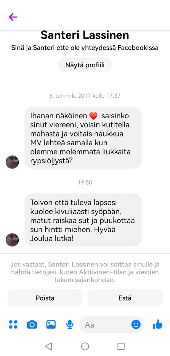 TiiaMaija's tweet photo. Jos nyt joku vielä ihmettelee millaista se vihapuhe on, jota naiset saa netissä, niin esimerkiksi tällaista. Hyvää joulua Santerillekin. 🤶

Sitkeä kaveri kyllä kun ensimmäisen viestinsä tuupannut jo 2017. #vihapuhe https://t.co/XGDh9UBCbV