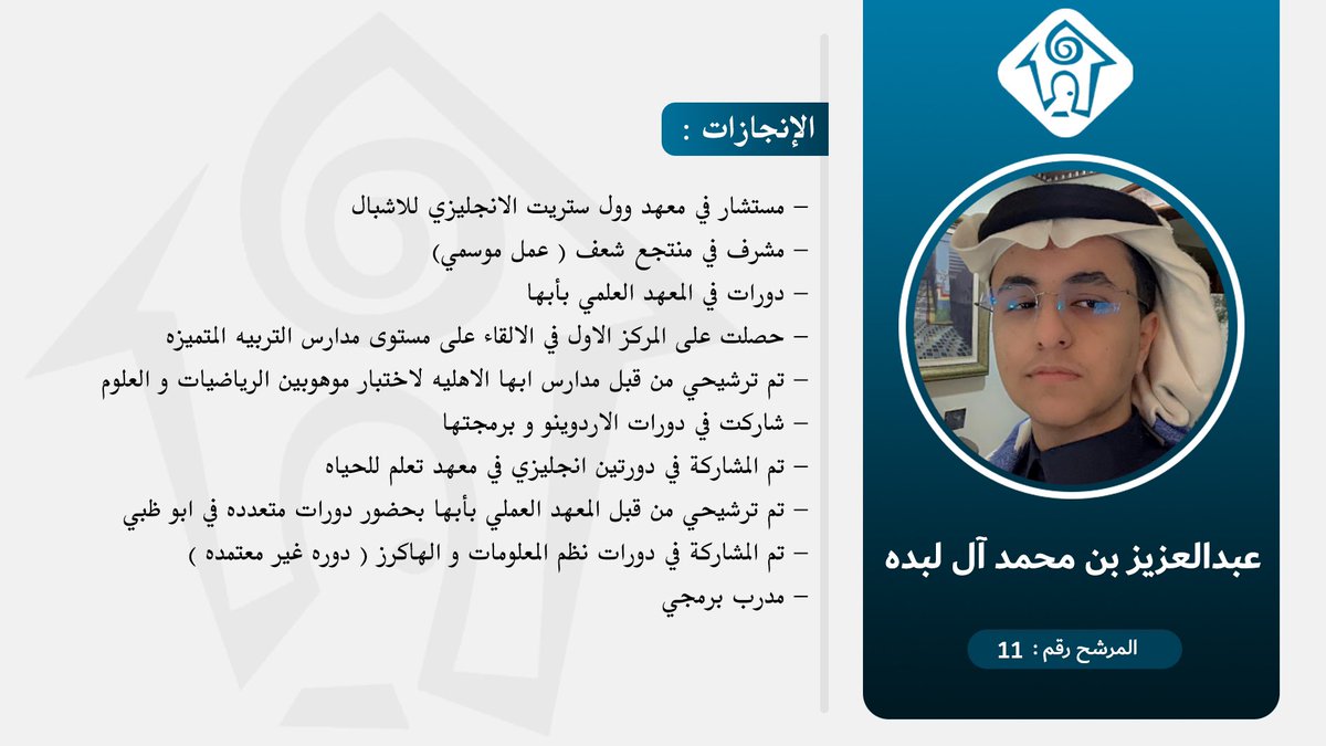 🔹 عبدالعزيز محمد آل لبده

🔸الصف الثاني ثانوي

المرشح رقم : 1️⃣1️⃣

للتصويت بإعادة التغريدة 🔁

#تعليم_عسير 
#صدى_الإبداع