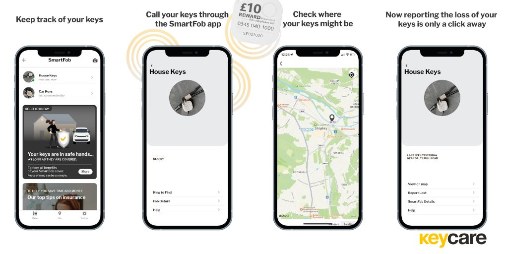 SmartFob helps you protect and find your keys, whether near you or left behind somewhere 🔎

Call your SmartFob from the app, find it on the map, or set up an alert that notifies you when you're about to walk off without it 📍

Find out more at keycare.co.uk 🔑