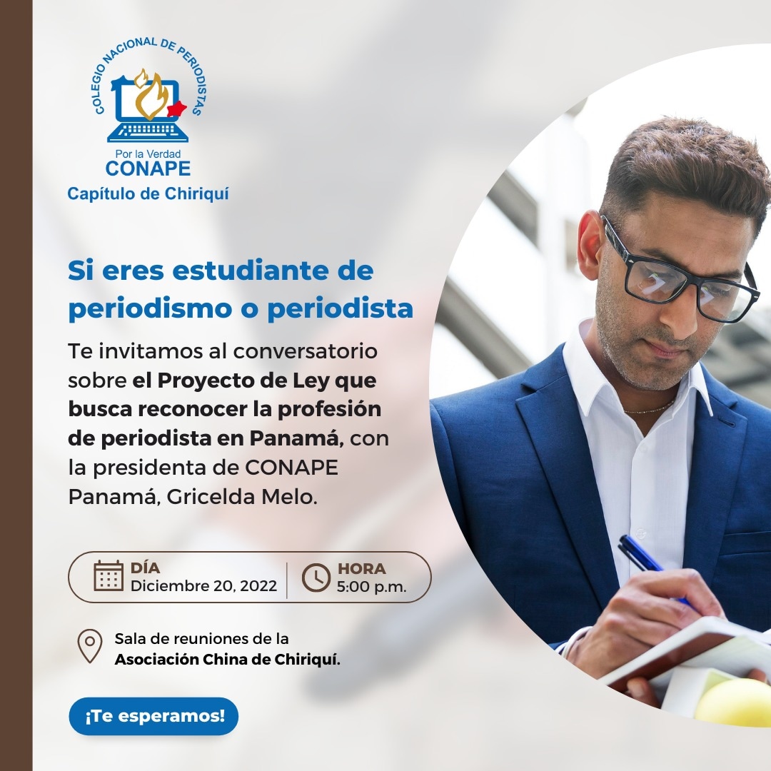 Le invitamos al conversatorio sobre el proyecto de ley que busca reconocer la profesión de periodista en Panamá, con la presidenta de Conape Panamá, Gricelda Melo.
Día: martes 20 de diciembre
Hora: 5 p.m.
Lugar: Sala de reuniones de la Asociación China
instagram.com/p/CmW5TIBJpVS/…