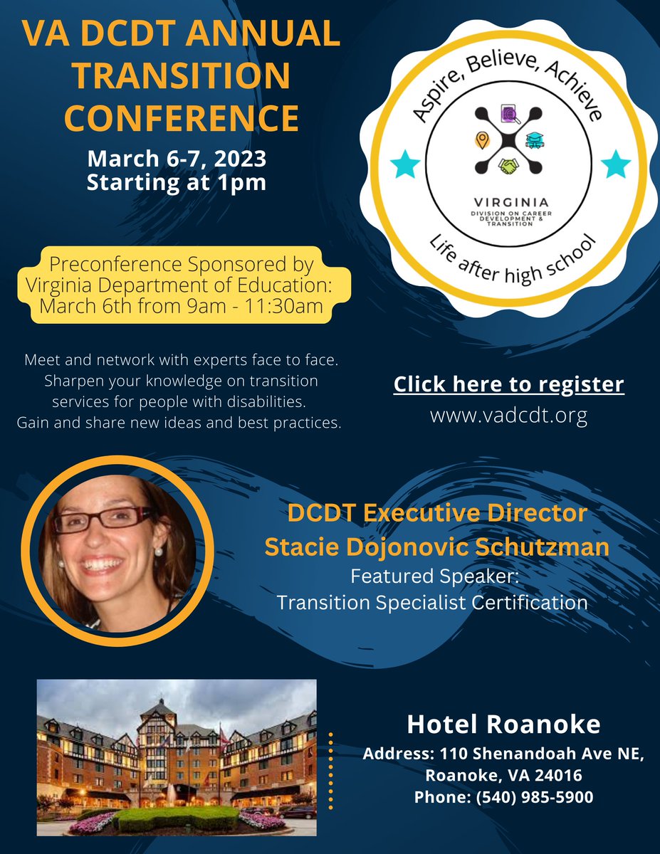 VCU_CTI's tweet photo. Registration is now open for the VA DCDT Annual Transition Conference!

When: March 6-7, 2023, starting at 1 PM.

Where: Hotel Roanoke in Roanoke, Virginia.

Link to register: https://t.co/qngafZsyNC https://t.co/zRxj1pTOnx