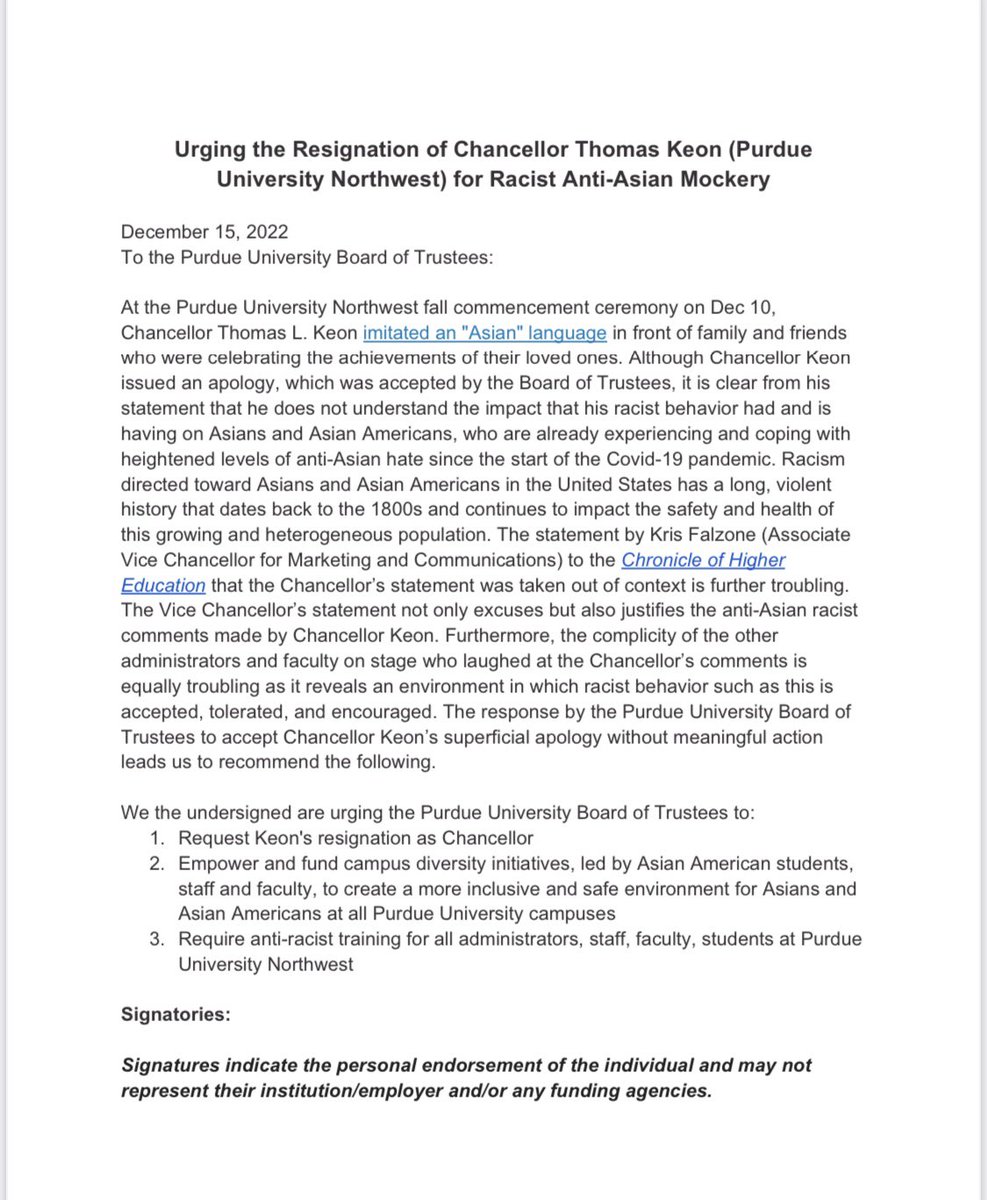 Over 1,100 faculty, staff, and students from across the US and abroad have signed a petition sent to <a href="/PurdueNorthwest/">Purdue Northwest</a> board of trustees, <a href="/LifeAtPurdue/">Purdue University</a> president and president elect, and current chancellor Keon. #StopAsianHate
