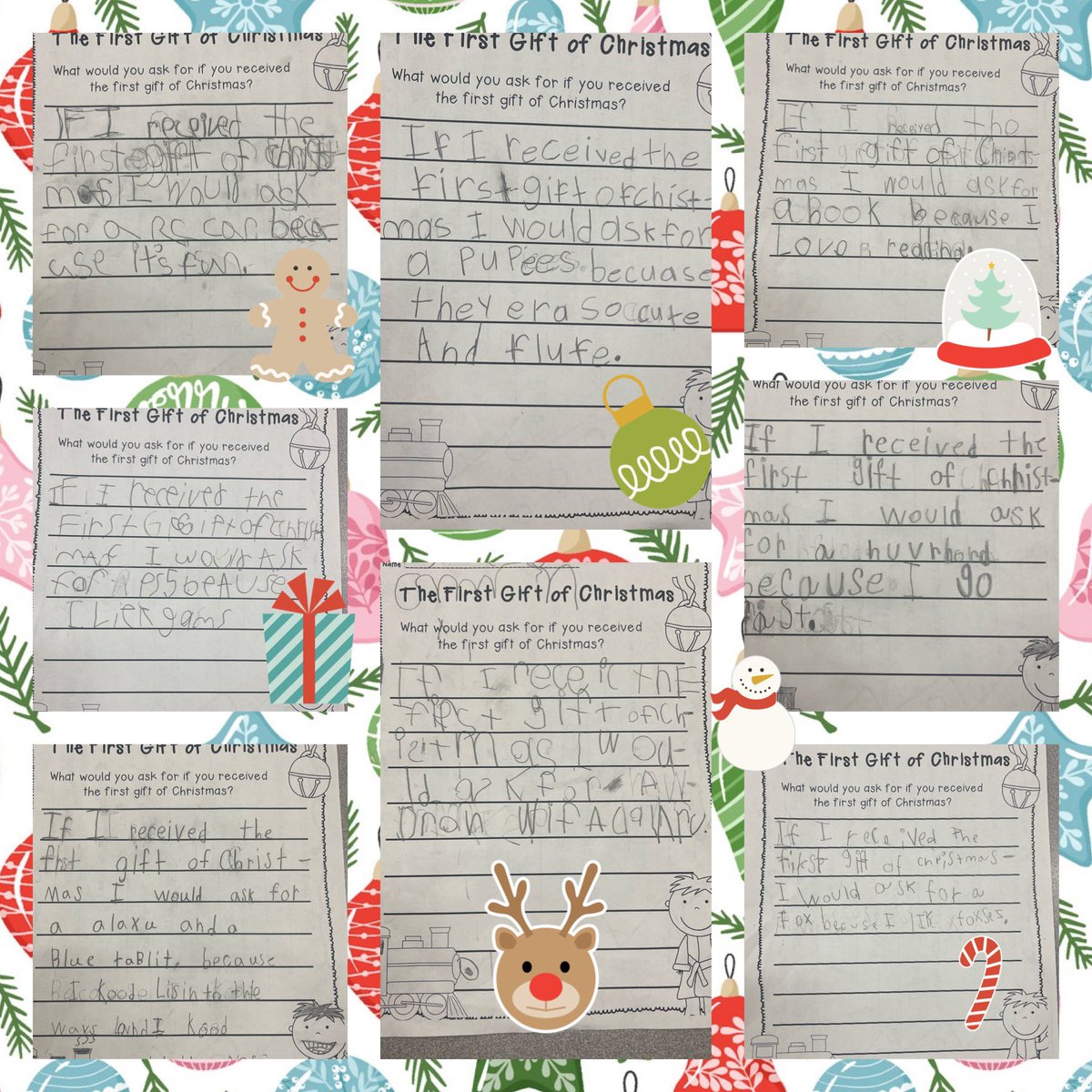 MrsWolfeinFirst's tweet photo. It’s ALMOST winter break. We are so close and we are TIRED. But can we please just admire this awesome writing that my (also exhausted) #firstgraders worked so hard on today?! I am SO proud of their progress this year! @GallberryFarm #teachersoftwitter #polarexpress https://t.co/6EIuqU1gv1