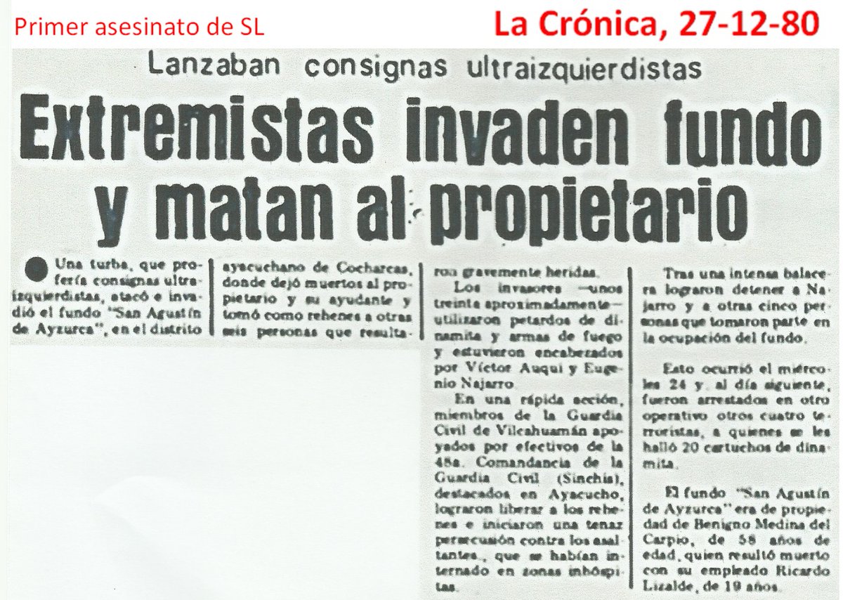 GustavoRojasQ's tweet photo. LA CRONOLOGÍA SANGRIENTA Y OCULTA
Continúo difundiendo la cronología hecha por @ppmarino de los atentados cometidos por los grupos terroristas SL y MRTA.
Un pueblo que olvida su historia está condenado a repetirla.
#TerrorismoNuncaMás
Semana del 19 al 25 de diciembre:  1/5 https://t.co/CvcfMYWZzy