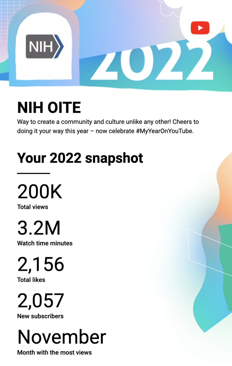 A big thank you to all of our NIH OITE #YouTube channel subscribers, both new and old – Thanks for making 2022 our biggest year on YouTube yet! #MyYearOnYoutube youtube.com/c/NIHOITE