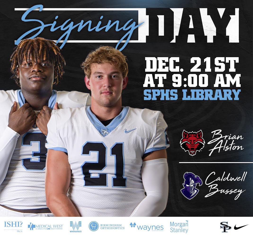 This Wednesday, join us in the library for Signing Day! Proud of <a href="/bussey_caldwell/">Caldwell Bussey</a> and <a href="/Brian17Alston/">Brian Alston</a> 👏

#whosnext #spainparkfootball @spainparkath