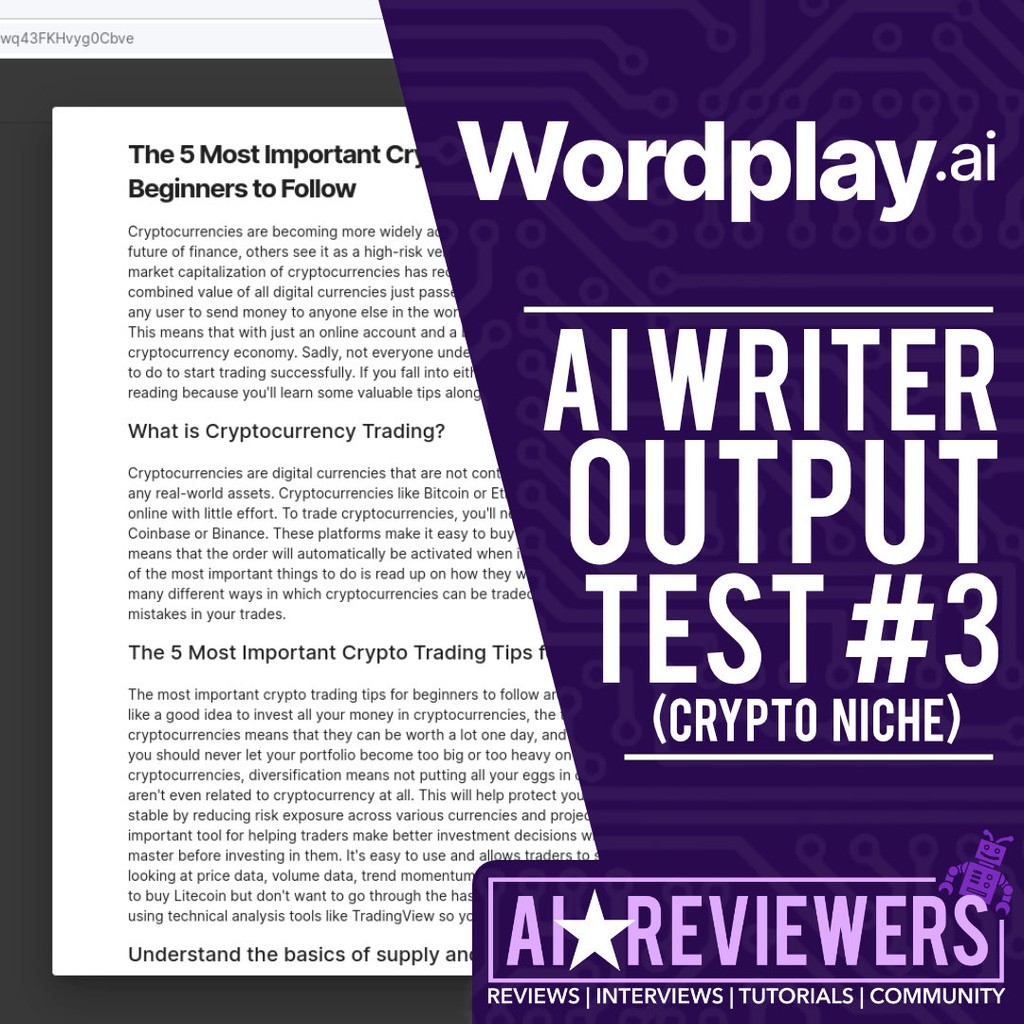AIReviewers's tweet photo. In this test of Wordplay's AI writing tool, we'll look at an article that was generated for the crypto niche. Be sure to watch until the end as we scan the output for plagiarism and AI content detection: https://t.co/yYbczc1yns #aiwriter #aiwritingtool #aitool #ai #seo #aiapps https://t.co/huRvWLesEv
