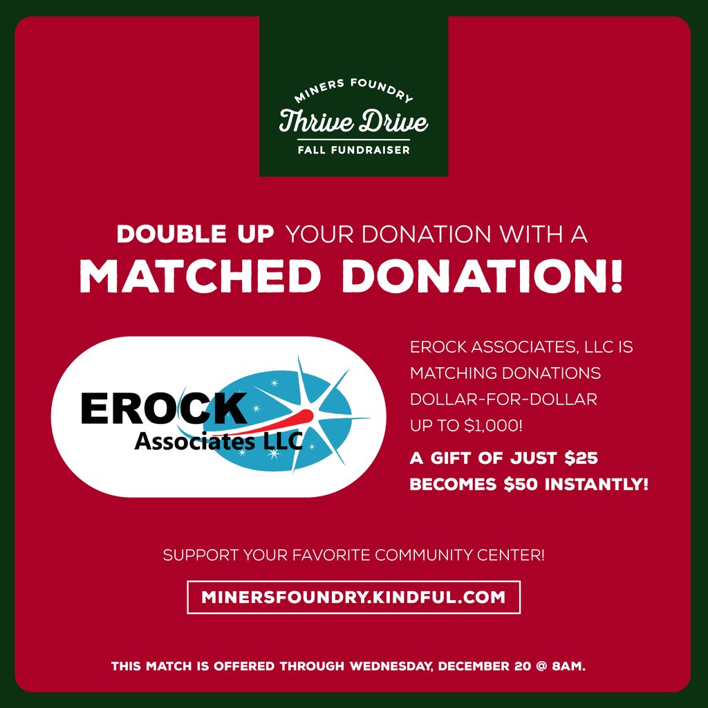 ❣️ We're excited to announce that we've received a new matching gift from a local business sponsor — EROCK Associates, LLC!
⁠
They will be matching donations up to $1,000!
⁠
Donate today! 👉 l8r.it/s0tD

Offer is available through Wednesday, December 20 @ 8am.⁠
