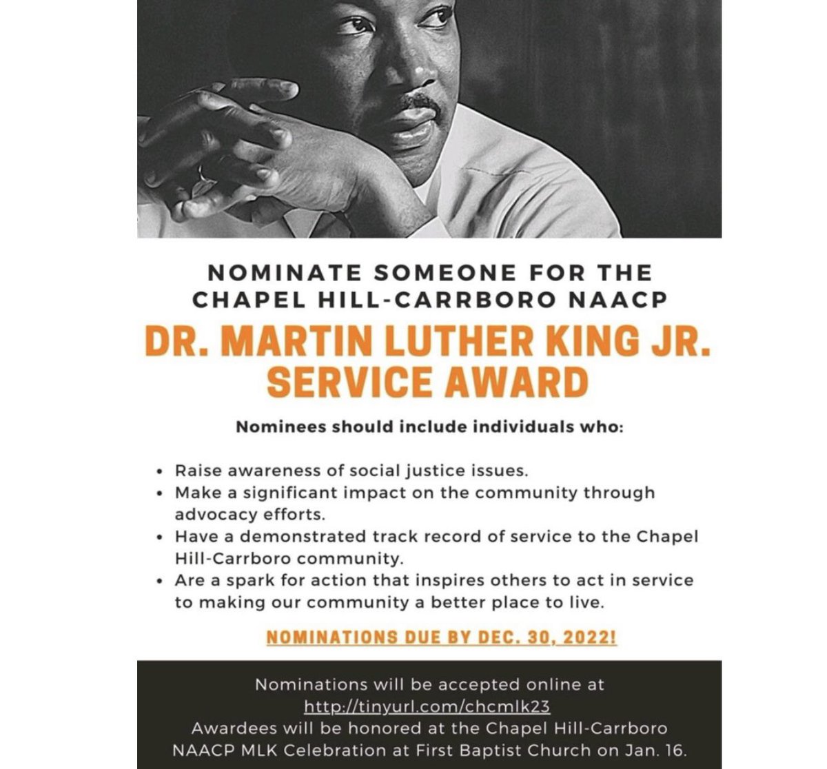 Submit your nomination for the Chapel Hill-Carrboro NAACP 2023 MLK Jr. Service Award  
tinyurl.com/chcmlk23 
#chcnaacp #mlkaward #chapelhill #carrboro