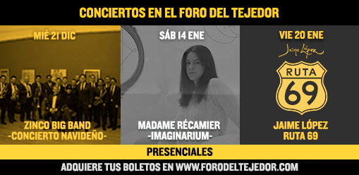 Finalizamos el año con el concierto navideño de <a href="/zincobigband/">Zinco Big Band</a> !

Y no olvides checar nuestra cartelera para saber de los increíbles conciertos al iniciar el 2023 🥳
Tendremos a <a href="/madamerecamier/">Madame Récamier</a> y un concierto de <a href="/jaimelopez_/">JAIME LÓPEZ Oficial</a> 
para ¡celebrar su cumpleaños!

forodeltejedor.com