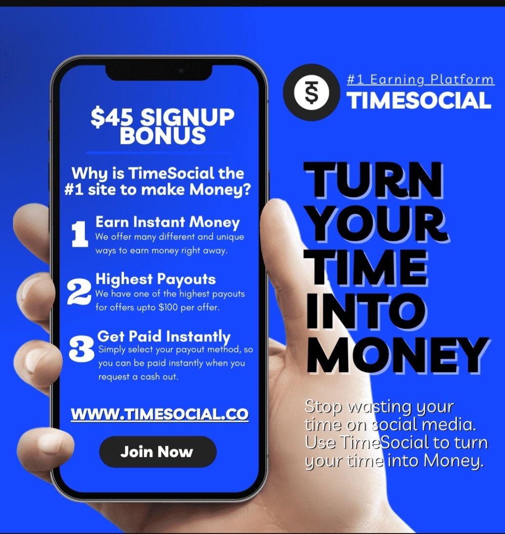 With TimeSocial, you will earn $500 daily. Stop wasting time on social media, turn your time into money. You get paid for app reviews, voicing your opinion and using social media. Signup now for a $45 bonus! ref.timesocial.co/Sniko7 #timeismoney