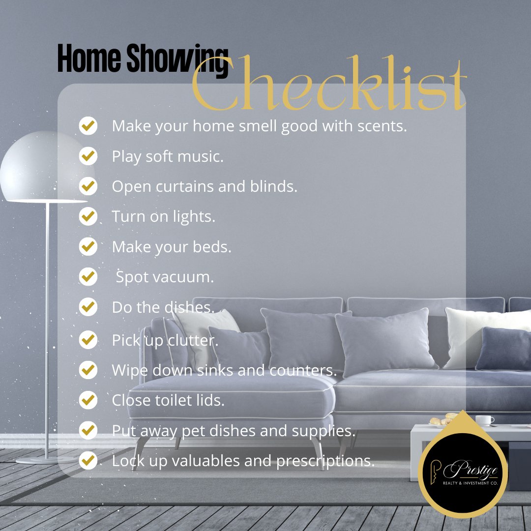 SoldByPrestige's tweet photo. Because first impressions are so important, the viewing must go as smoothly as possible. Here is a simple checklist before showing your home. #homeshowing #homesellingtips #propertyviewing #realestate https://t.co/gSVAC6NHYn