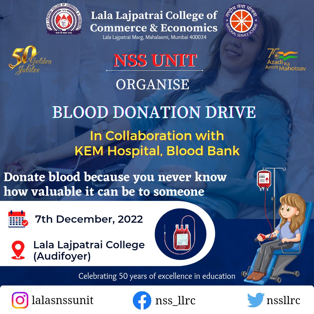 nss_llrc's tweet photo. Our NSS UNIT organised Blood Donation Drive in collaboration with HDFC BANK &amp; KEM Hospital, Blood bank at Lala Lajpatrai College on 7th December 2022. Our 15 Volunteers participated in this drive, and many Volunteers donate blood and Collected 112 Blood units @ConnectingNss https://t.co/YNbmXfm524