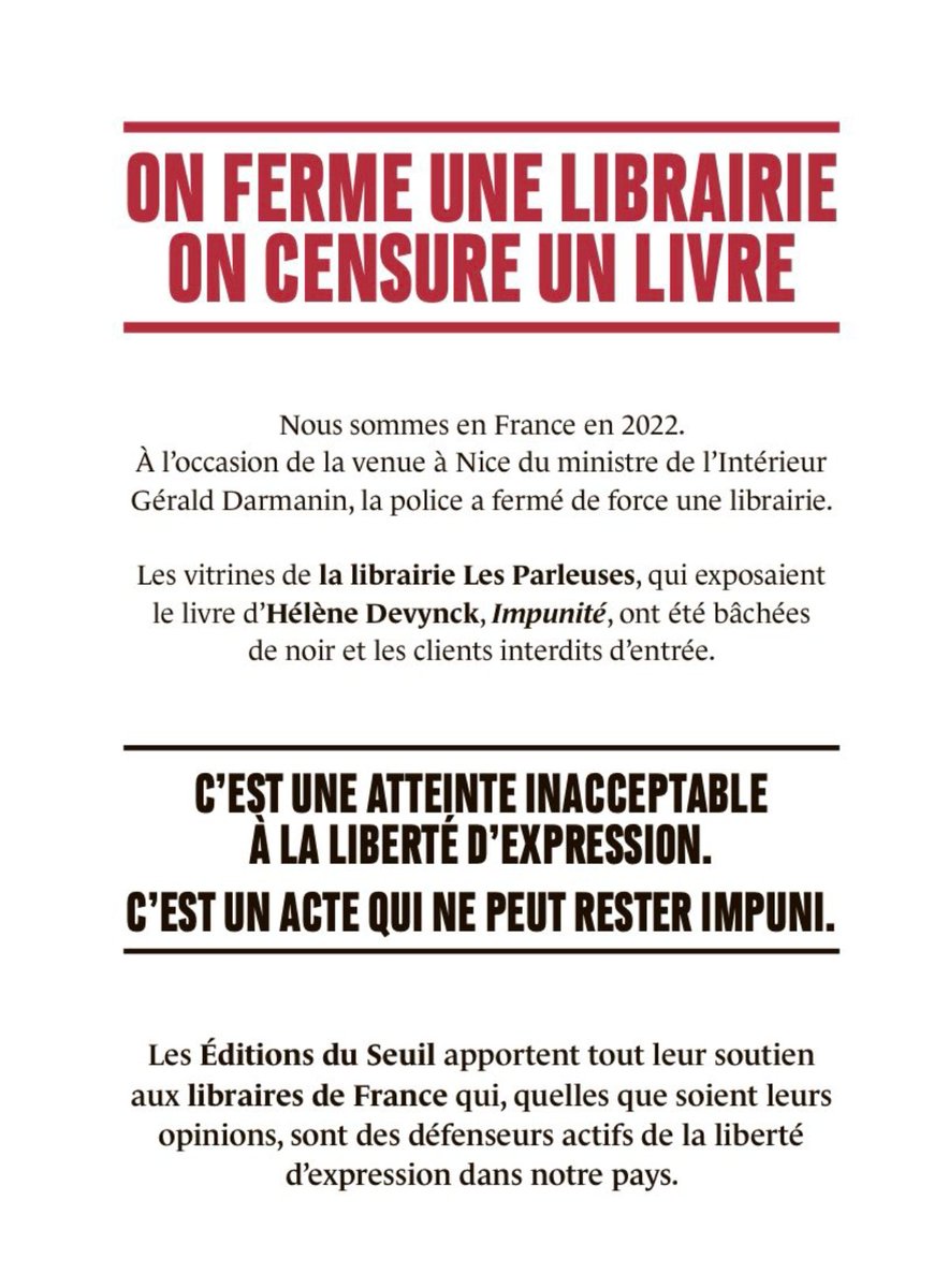 Une alerte des <a href="/EditionsduSeuil/">Éditions du Seuil</a> dans le <a href="/lemondefr/">Le Monde</a>, à propos d'un scandale loin d'être anecdotique : il s'agit de l'état de la liberté d'expression et des principes démocratiques dans notre pays.