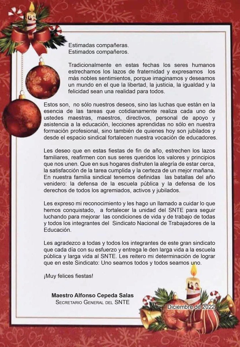 🎄 MENSAJE  #SNTE 📚🎄

Con la satisfacción de la tarea cumplida en 2022 docentes y personal de apoyo tenemos clara la ruta por la educación en 2023 👉Compañeros activos y jubilados #FelizNavidad 🎄 y #FelizAñoNuevo 🗓️ Mtro. Alfonso Cepeda Salas

Video 👉 bit.ly/3HKhtcn