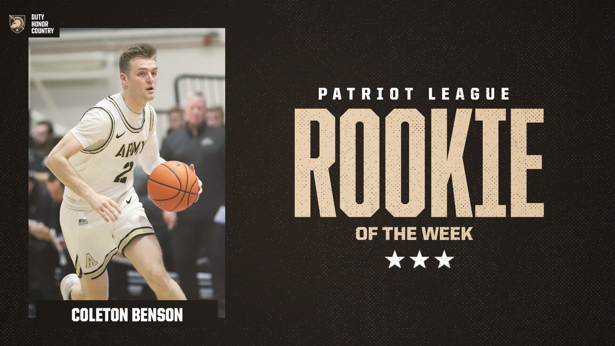 ArmyWP_MBB's tweet photo. Coleton Benson earns @PatriotLeague Rookie of the Week for the second time this season! 😤

🏀 2nd game with five three-pointers on Sunday
🏀 Leads all Patriot League freshman in scoring (13.1 PPG)
🏀 1st in the conference in triples made (30)

📰 https://t.co/30xpFWBdJm

#GoArmy https://t.co/e8JO2Cx6Nr
